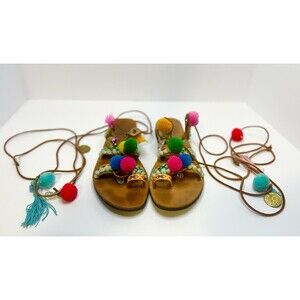 Mabu by Maria BK Gladiator Leather Boho Sandals with Colorful Pom-Poms‎ Size 40